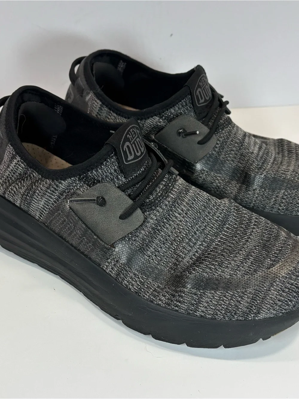 Hey Dude Mens Sirocco Black Night Shoes Knit W/Leather Sz 10 Slip On Boho Casual